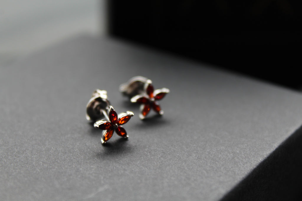 Ruby CZ Star Flower Earrings