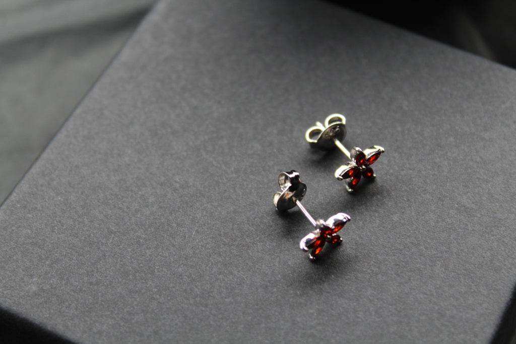 Ruby CZ Star Flower Earrings