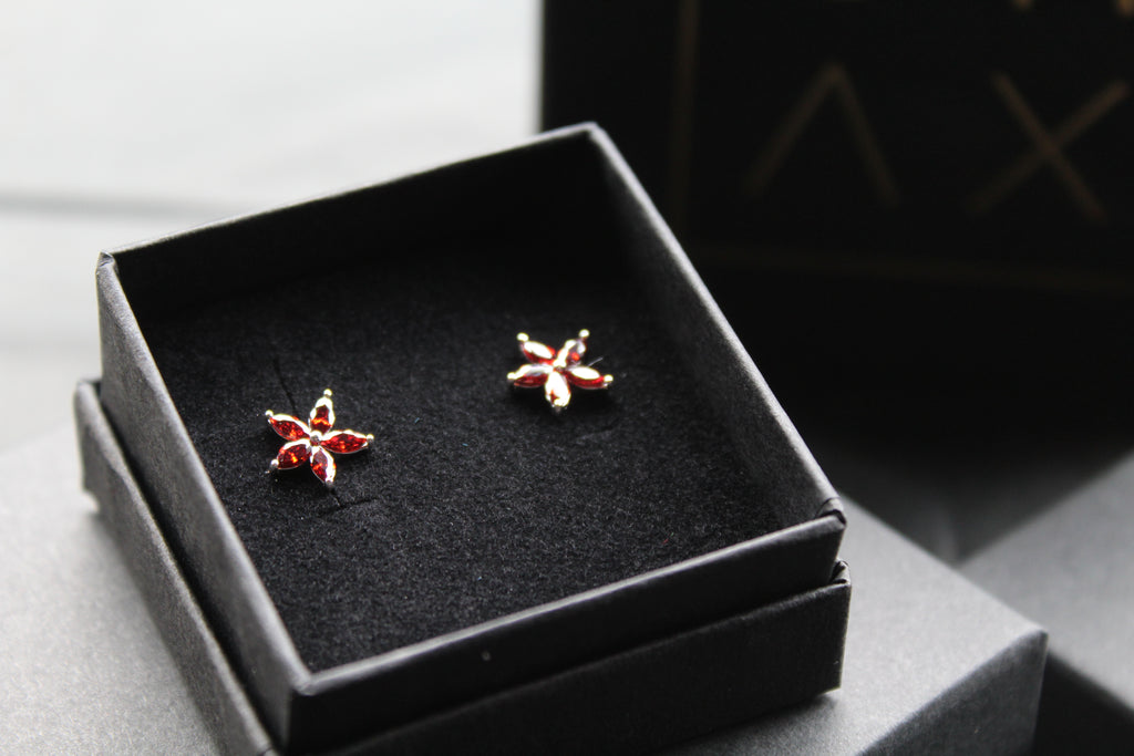 Ruby CZ Star Flower Earrings