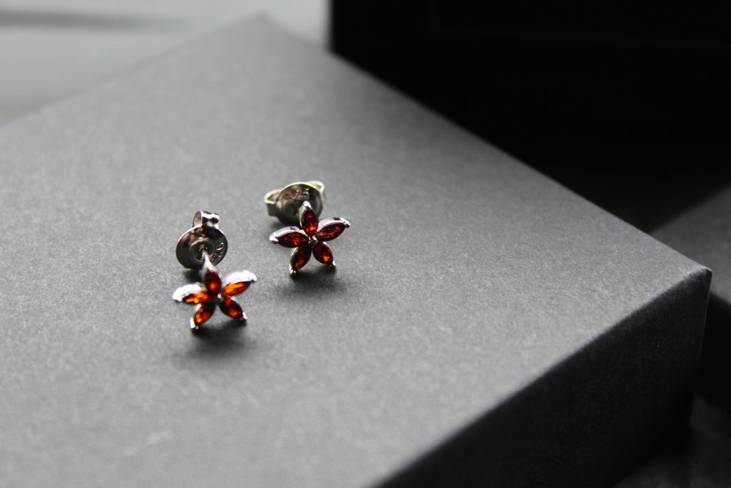 Ruby CZ Star Flower Earrings