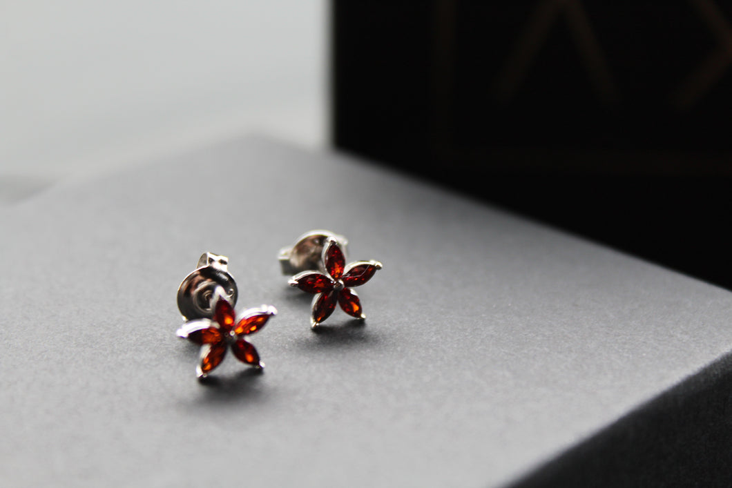 Ruby CZ Star Flower Earrings