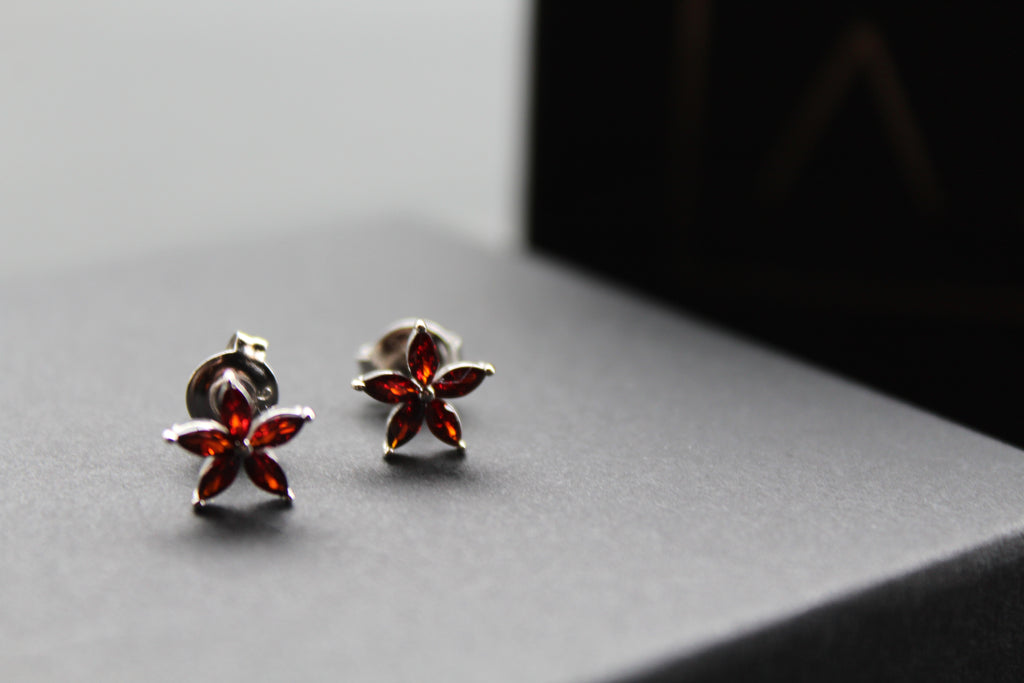 Ruby CZ Star Flower Earrings