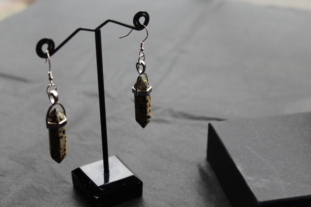 Silver Dalmatian Jasper Crystal Point Earrings