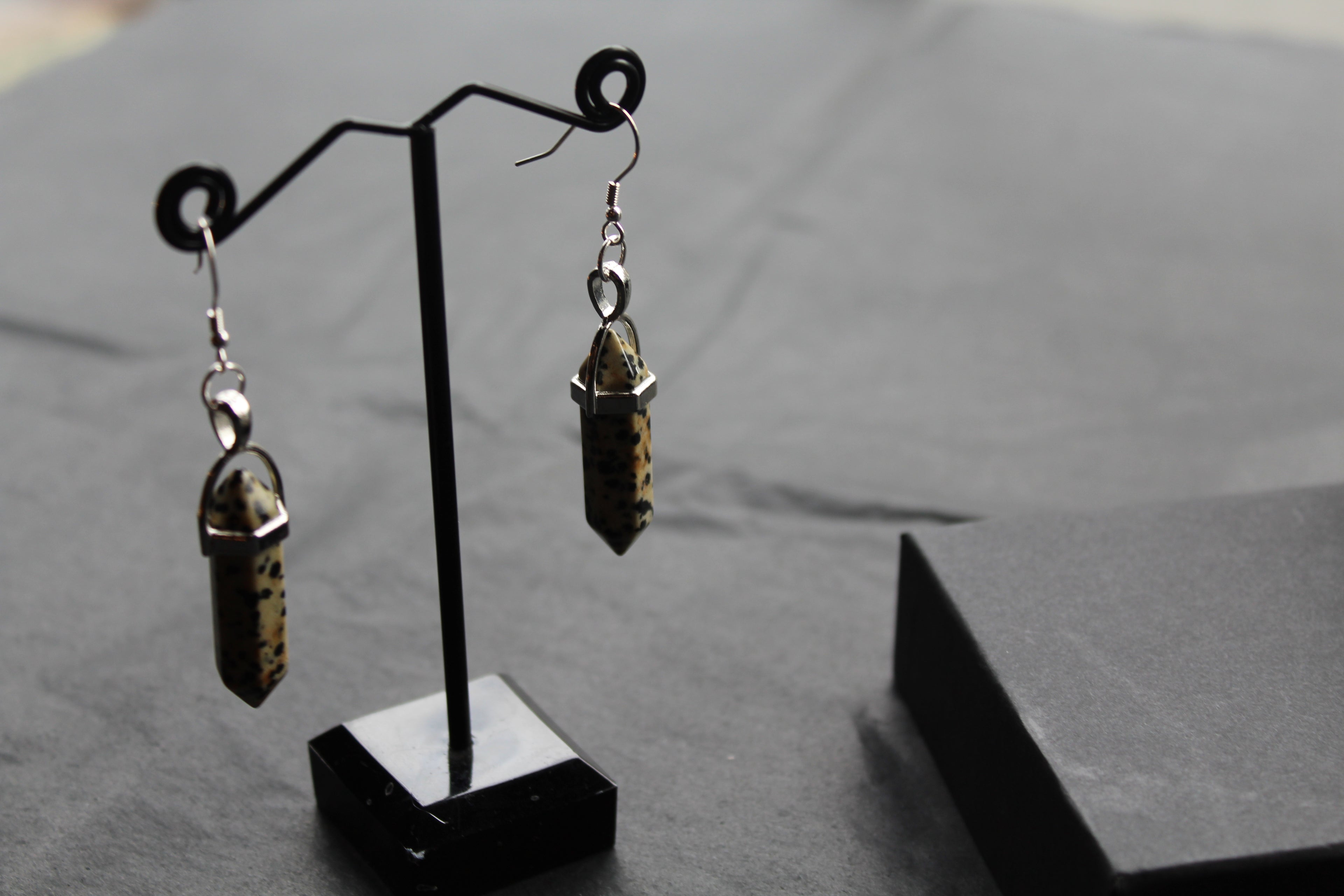 Silver Dalmatian Jasper Crystal Point Earrings