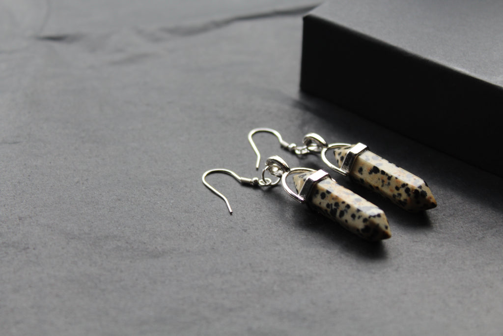 Silver Dalmatian Jasper Crystal Point Earrings