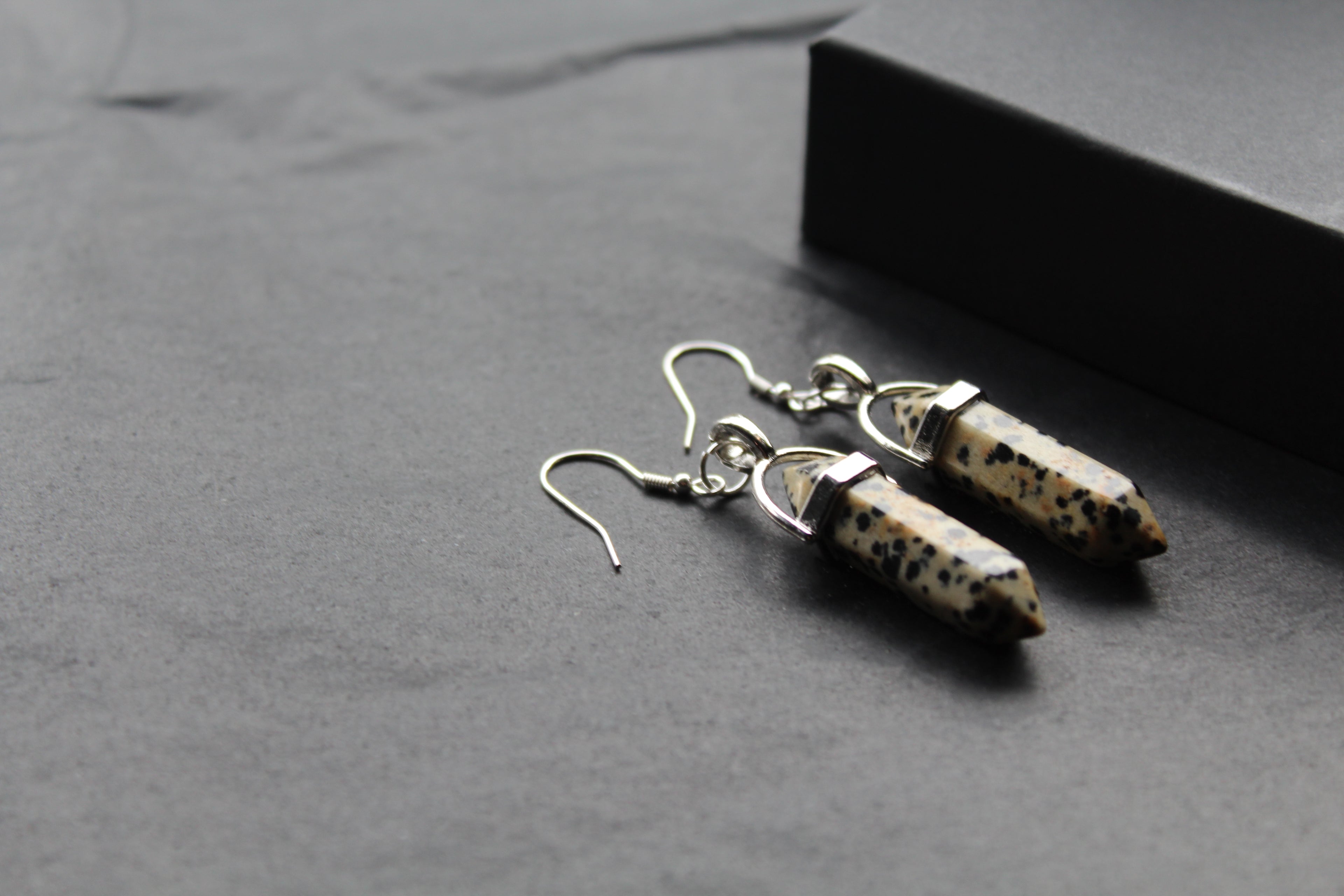 Silver Dalmatian Jasper Crystal Point Earrings
