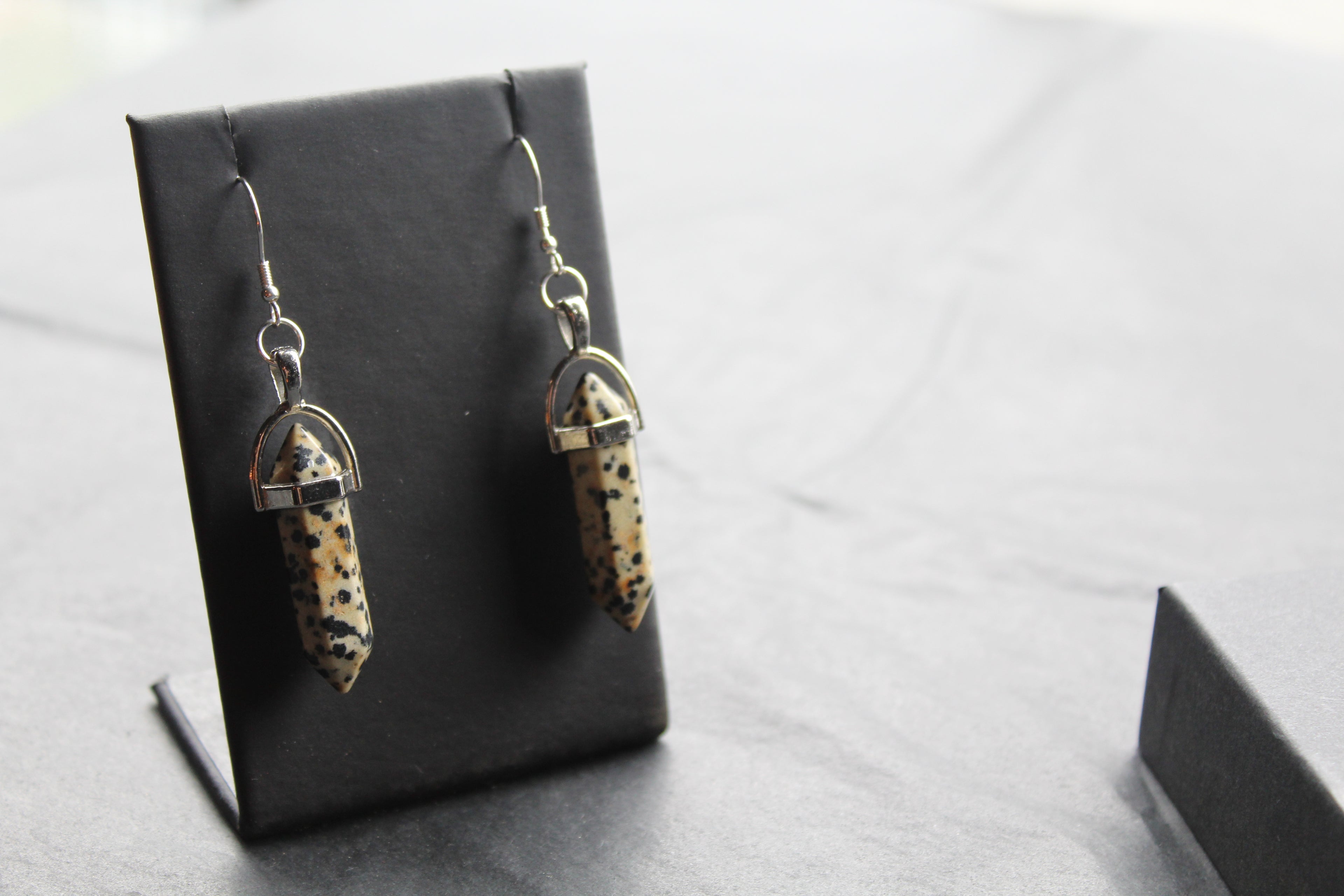 Silver Dalmatian Jasper Crystal Point Earrings