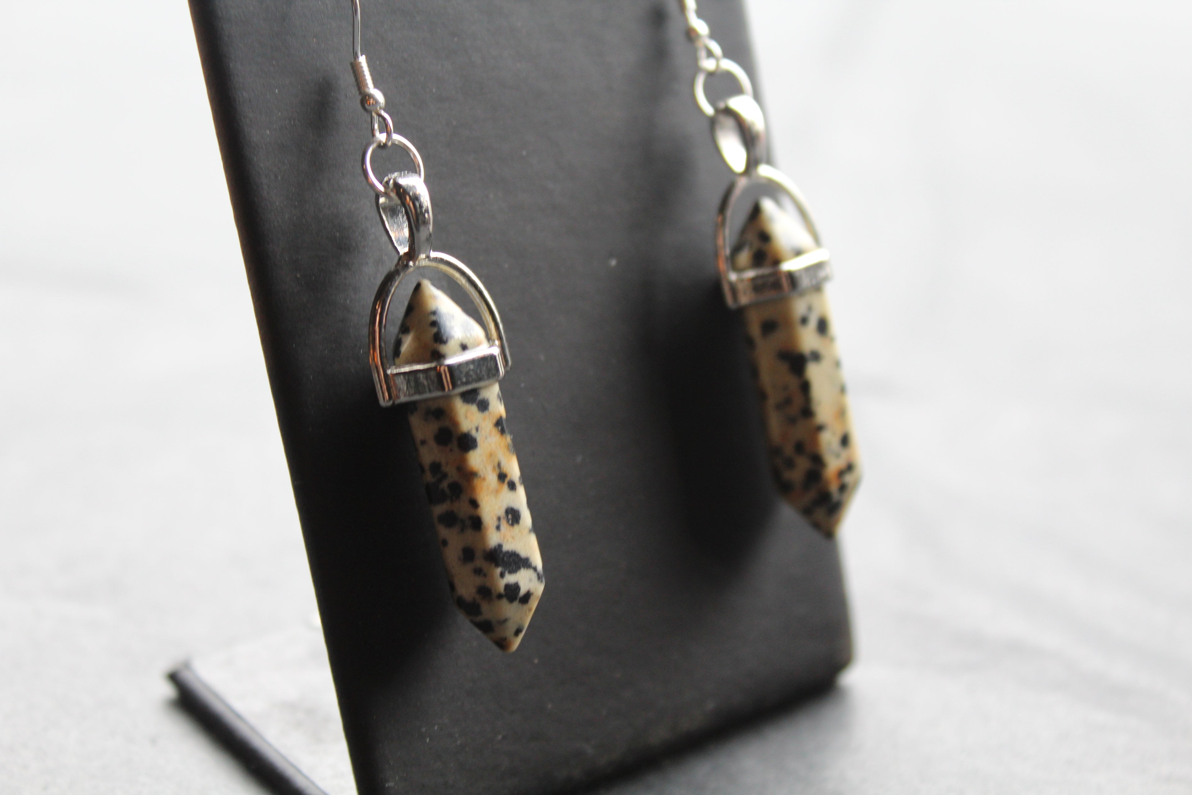 Silver Dalmatian Jasper Crystal Point Earrings