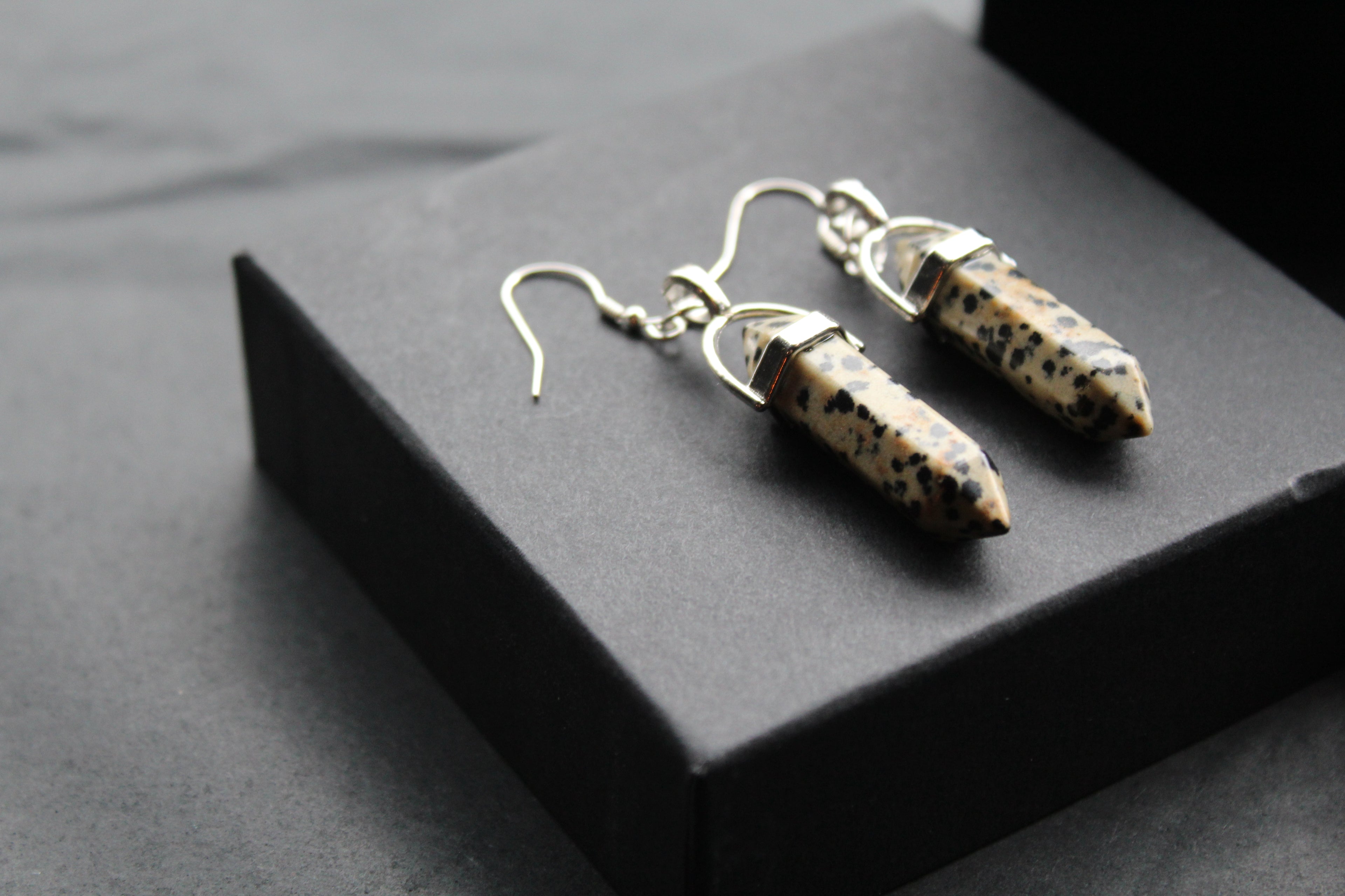 Silver Dalmatian Jasper Crystal Point Earrings