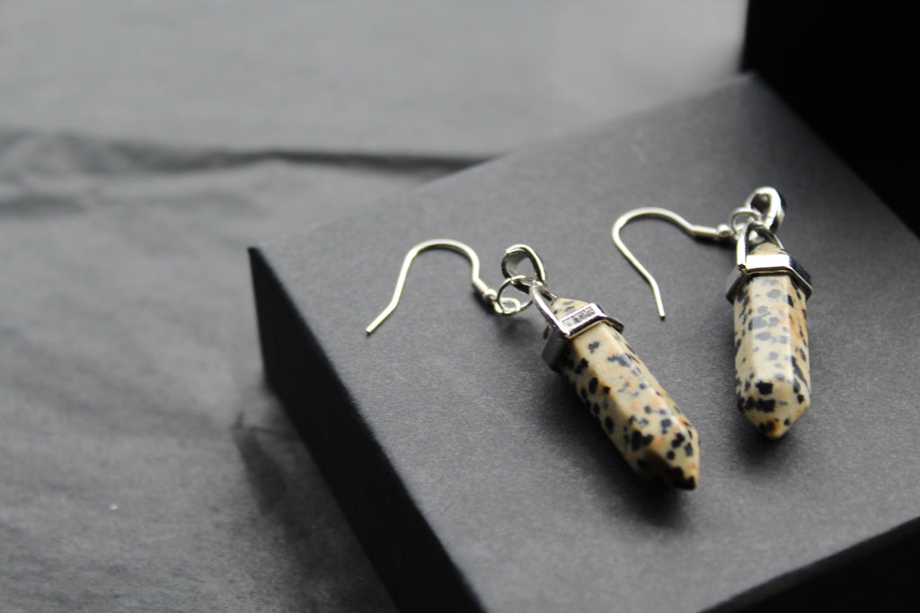 Silver Dalmatian Jasper Crystal Point Earrings