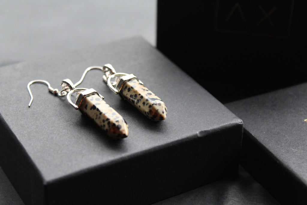 Silver Dalmatian Jasper Crystal Point Earrings