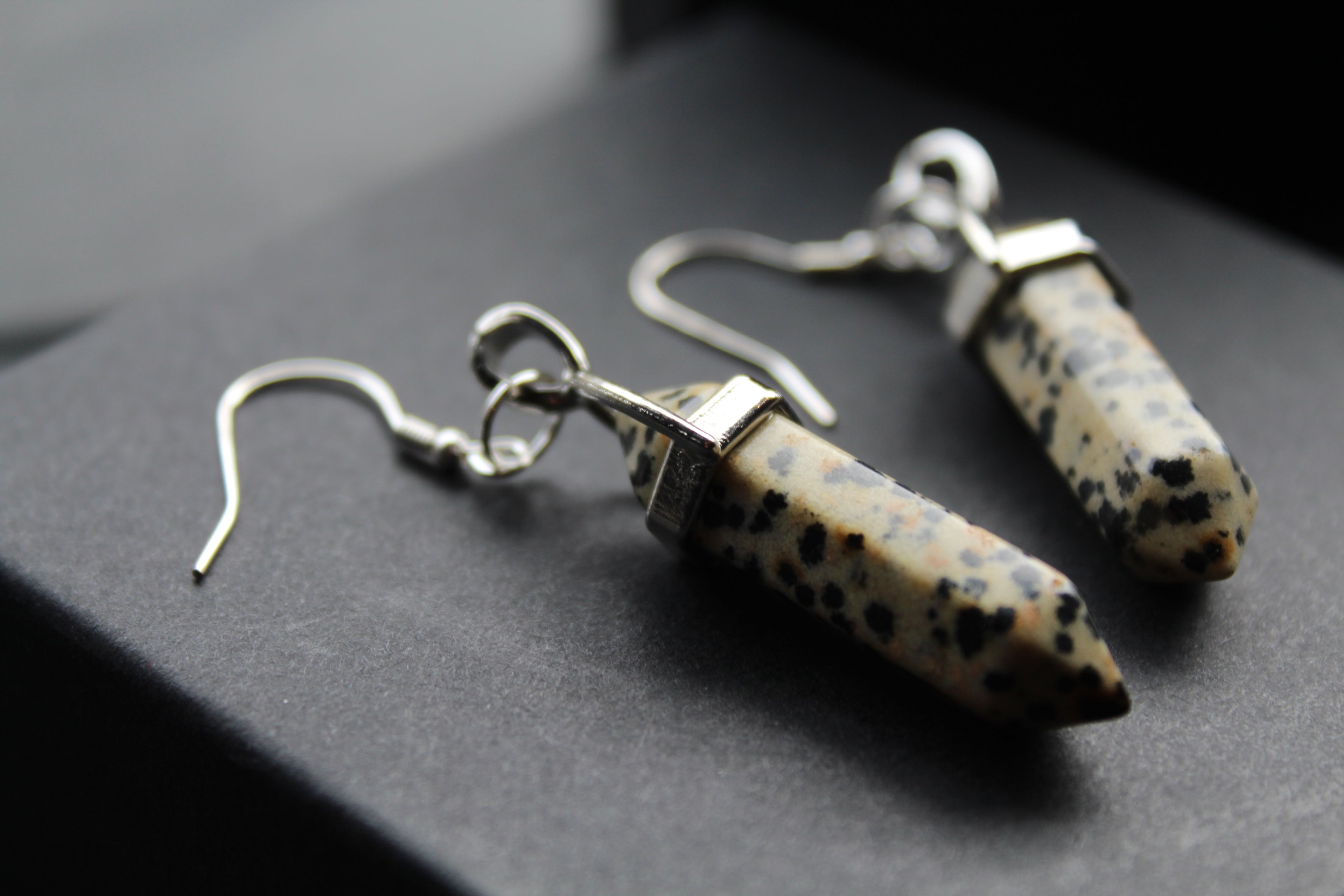 Silver Dalmatian Jasper Crystal Point Earrings