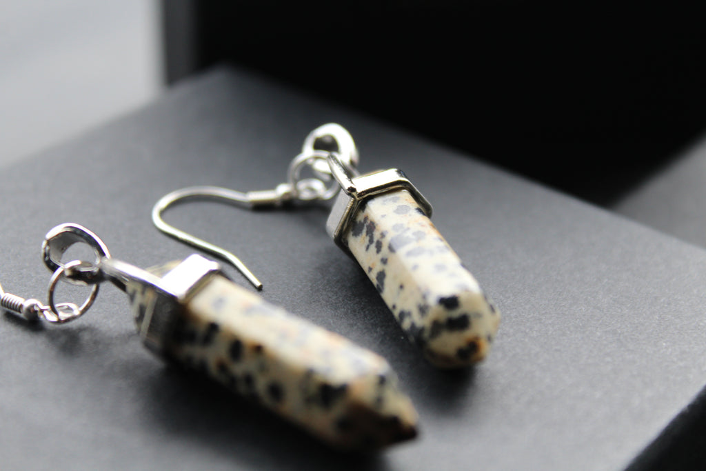 Silver Dalmatian Jasper Crystal Point Earrings