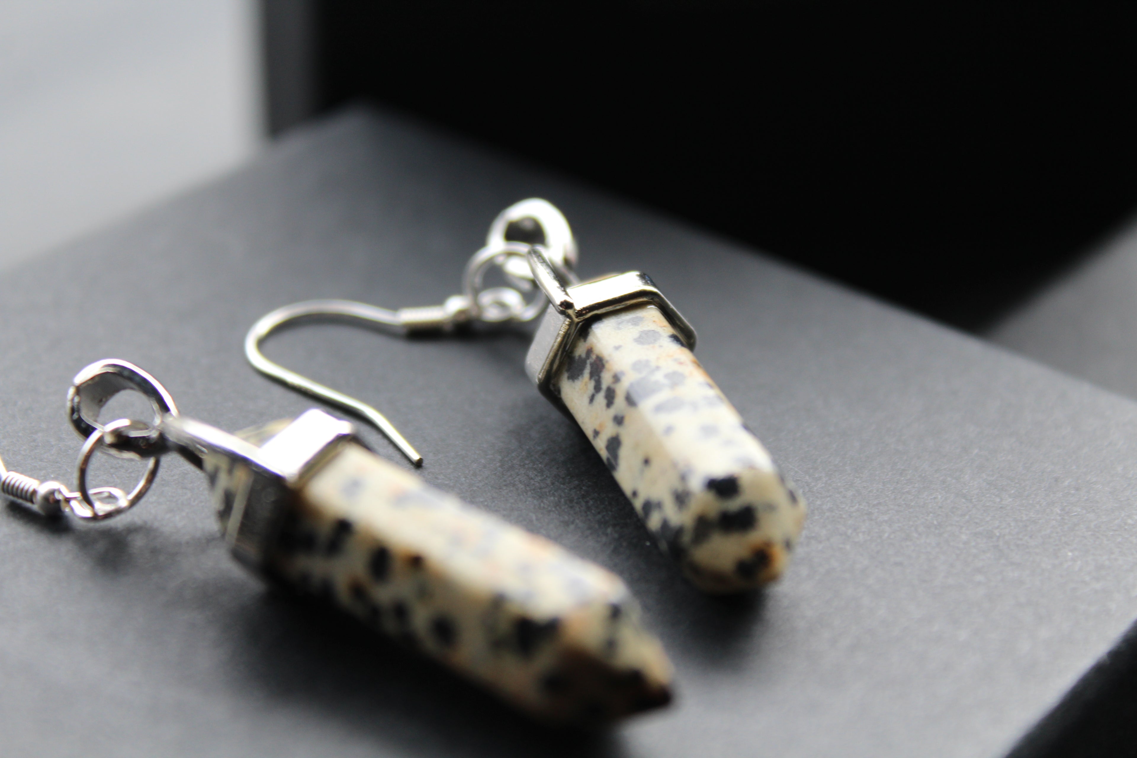 Silver Dalmatian Jasper Crystal Point Earrings
