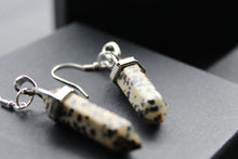 Load image into Gallery viewer, Silver Dalmatian Jasper Crystal Point Earrings
