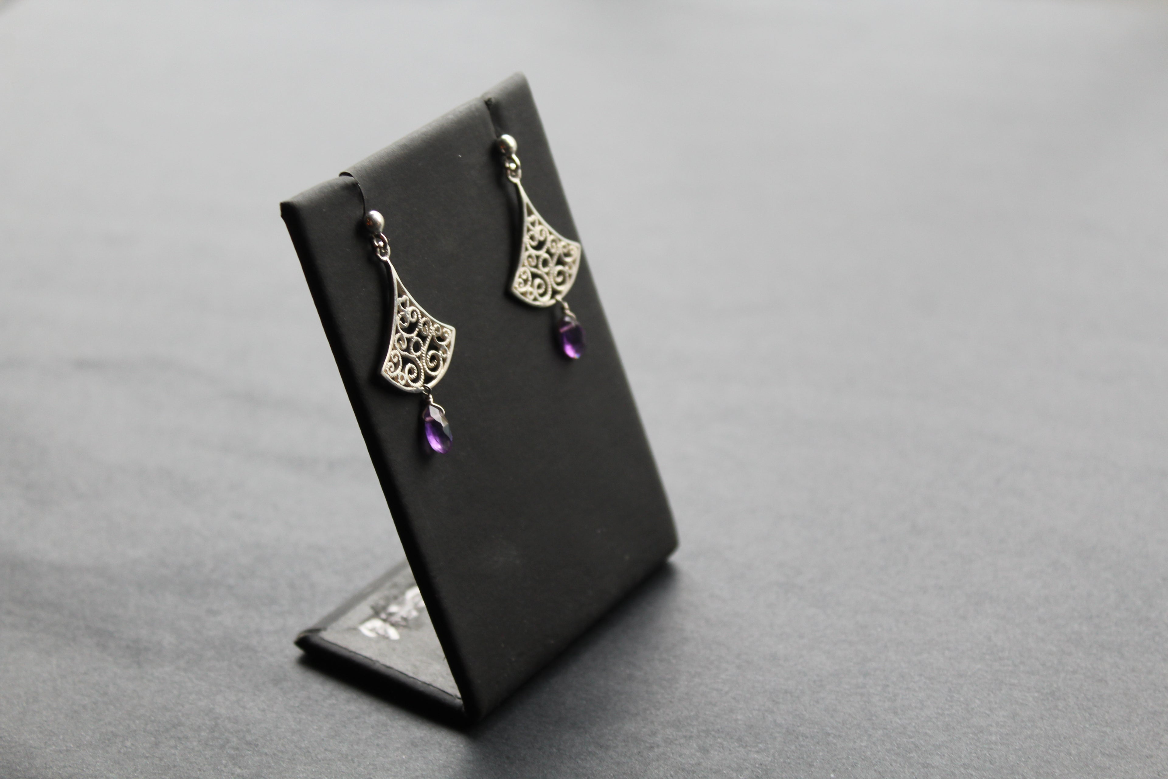 Silver Filigree Drop Stud Earrings with Faceted Purple Amethyst