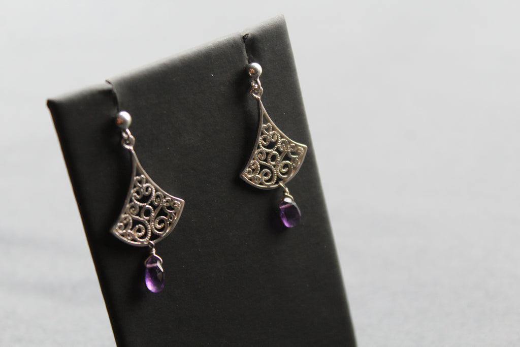 Silver Filigree Drop Stud Earrings with Faceted Purple Amethyst