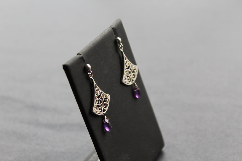 Silver Filigree Drop Stud Earrings with Faceted Purple Amethyst