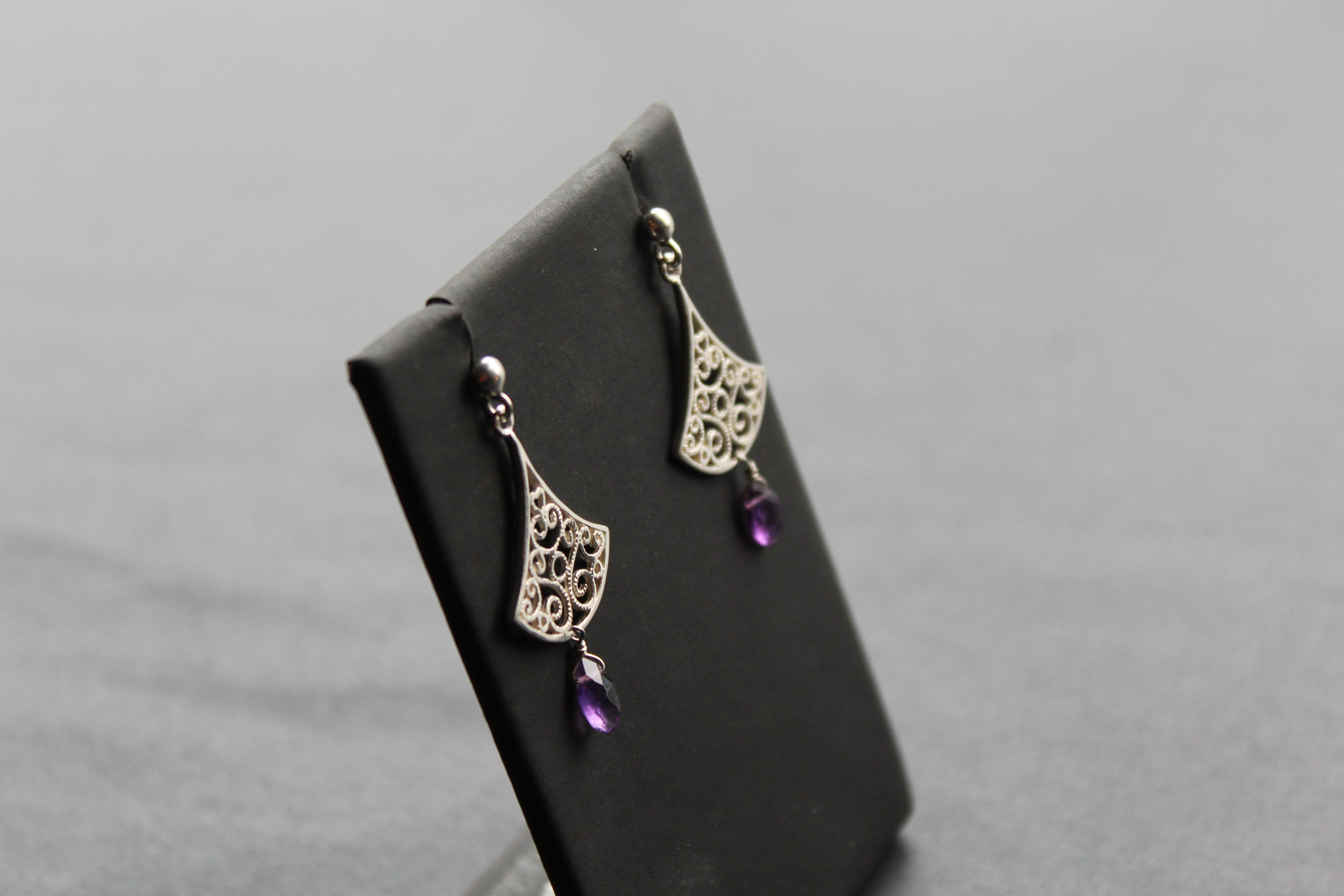 Silver Filigree Drop Stud Earrings with Faceted Purple Amethyst