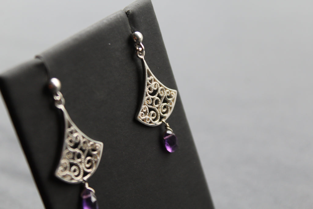 Silver Filigree Drop Stud Earrings with Faceted Purple Amethyst