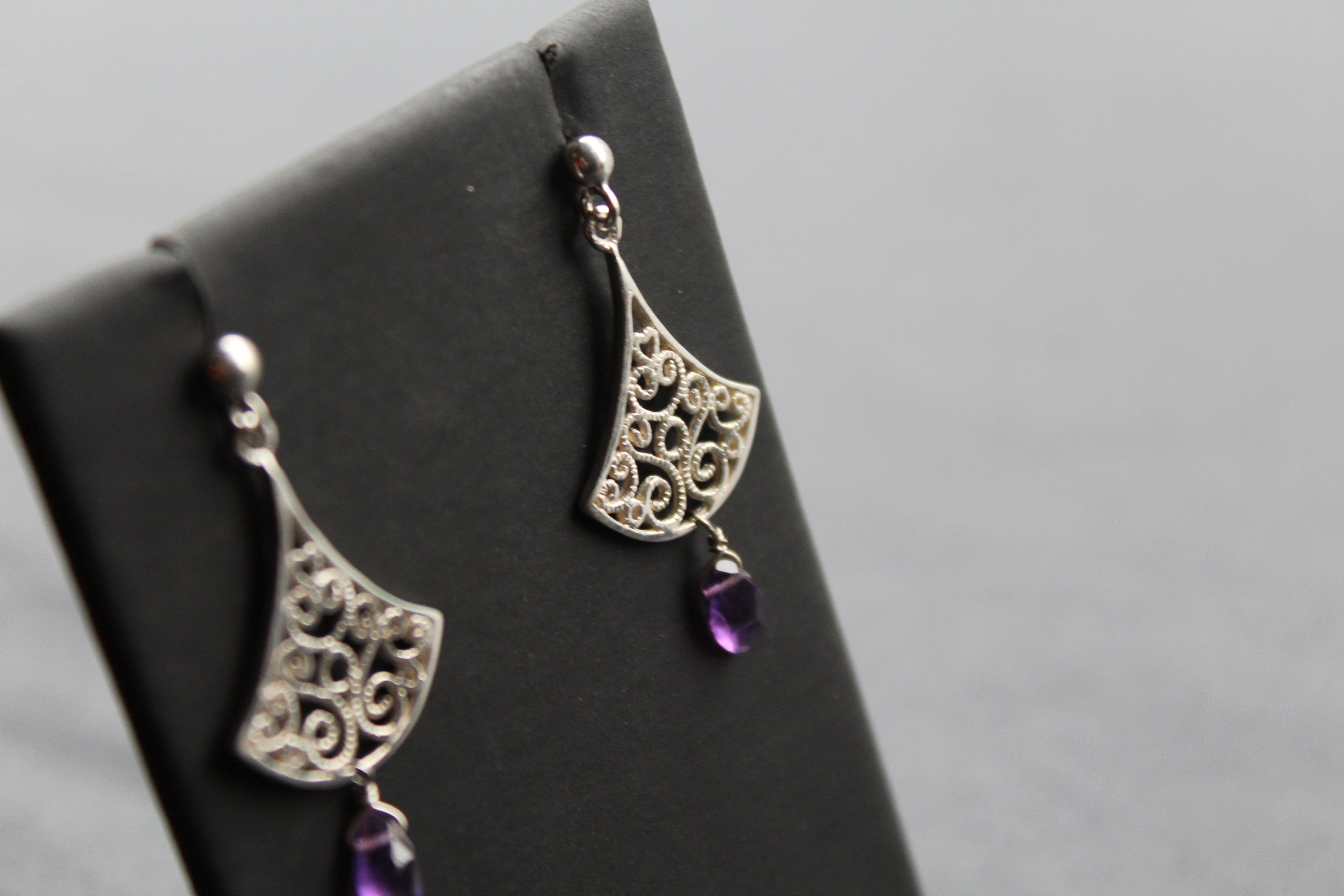 Silver Filigree Drop Stud Earrings with Faceted Purple Amethyst
