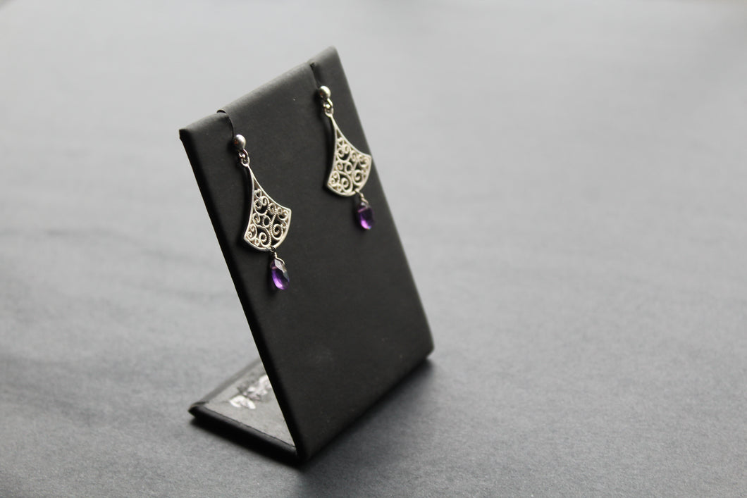 Silver Filigree Drop Stud Earrings with Faceted Purple Amethyst