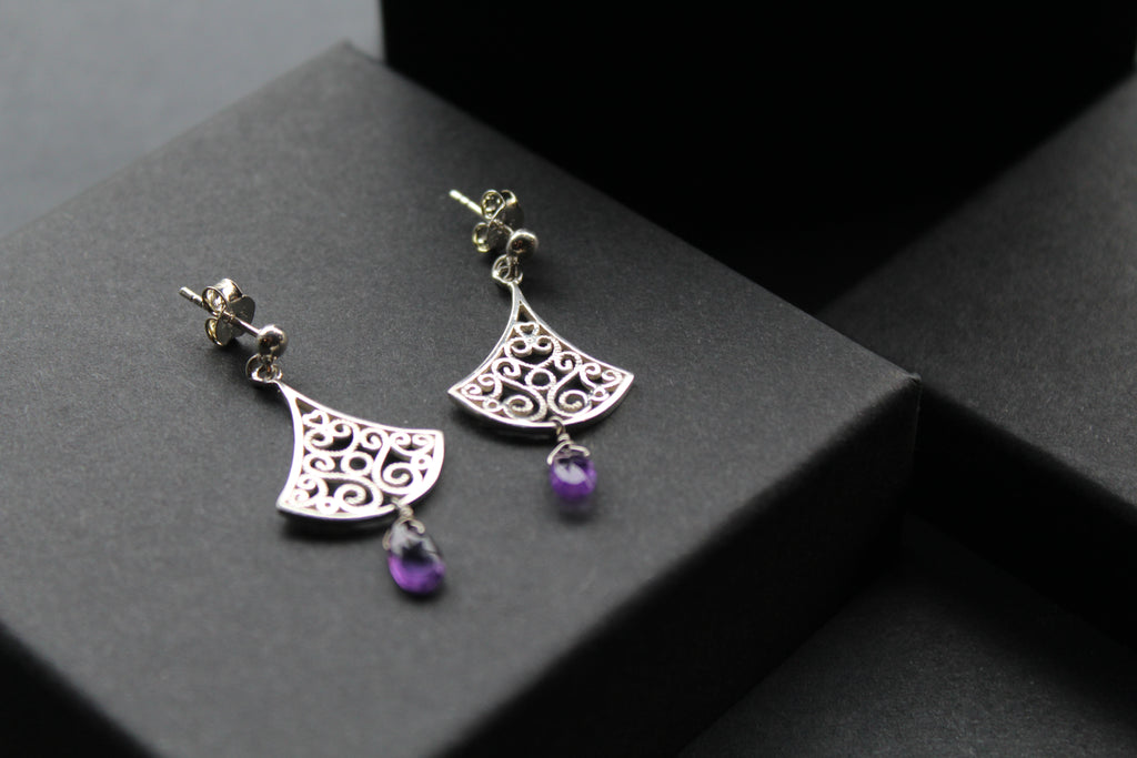 Silver Filigree Drop Stud Earrings with Faceted Purple Amethyst