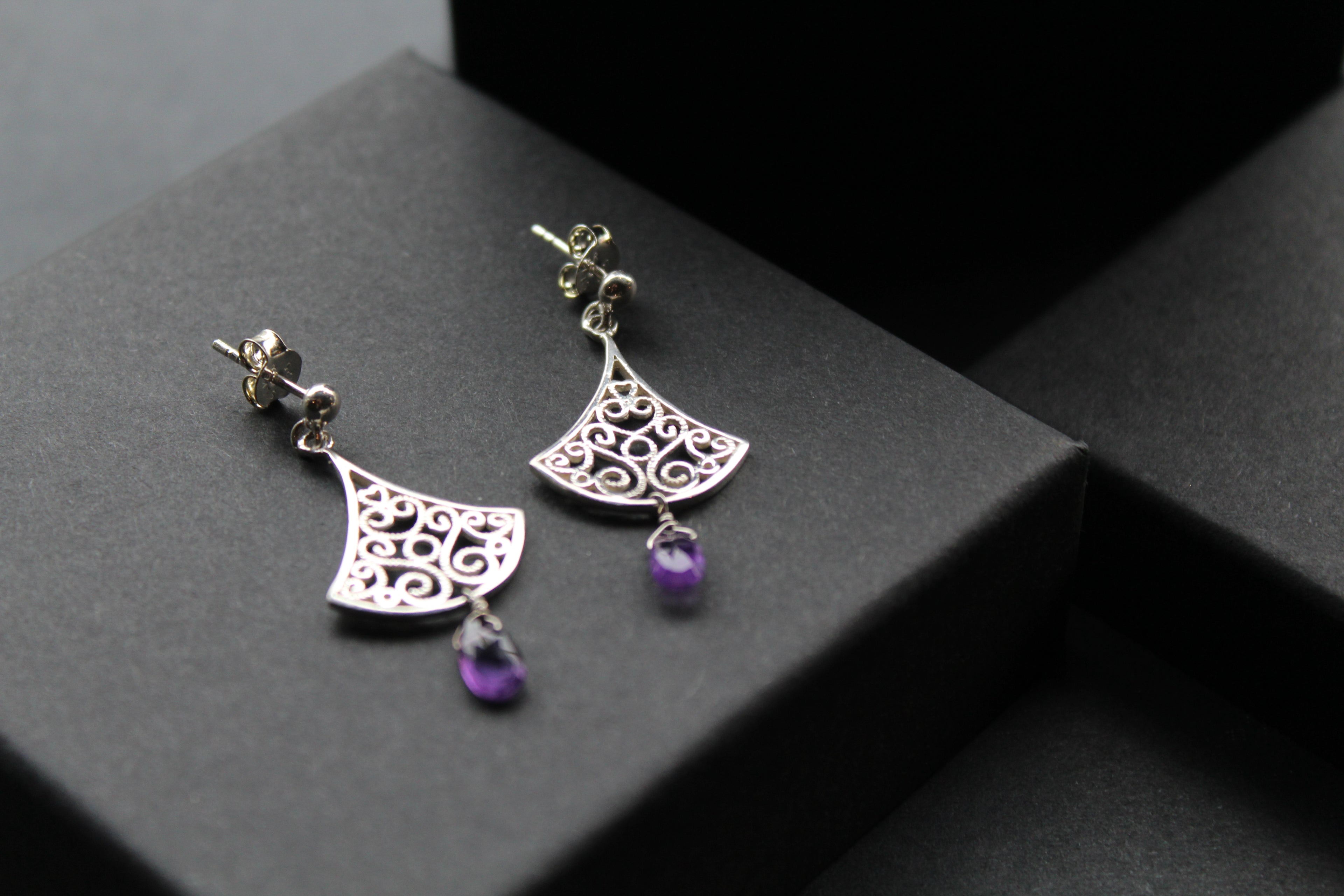 Silver Filigree Drop Stud Earrings with Faceted Purple Amethyst
