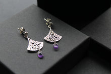 Load image into Gallery viewer, Silver Filigree Drop Stud Earrings with Faceted Purple Amethyst
