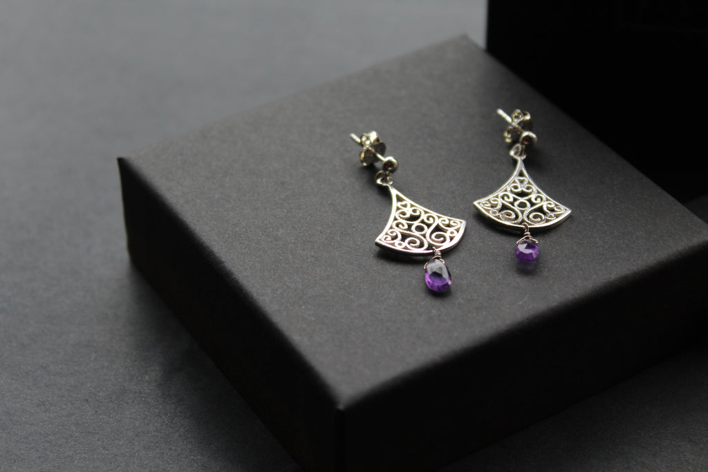 Silver Filigree Drop Stud Earrings with Faceted Purple Amethyst
