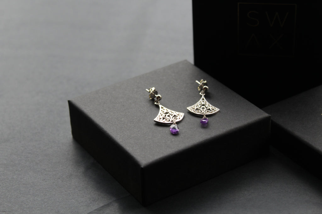 Silver Filigree Drop Stud Earrings with Faceted Purple Amethyst