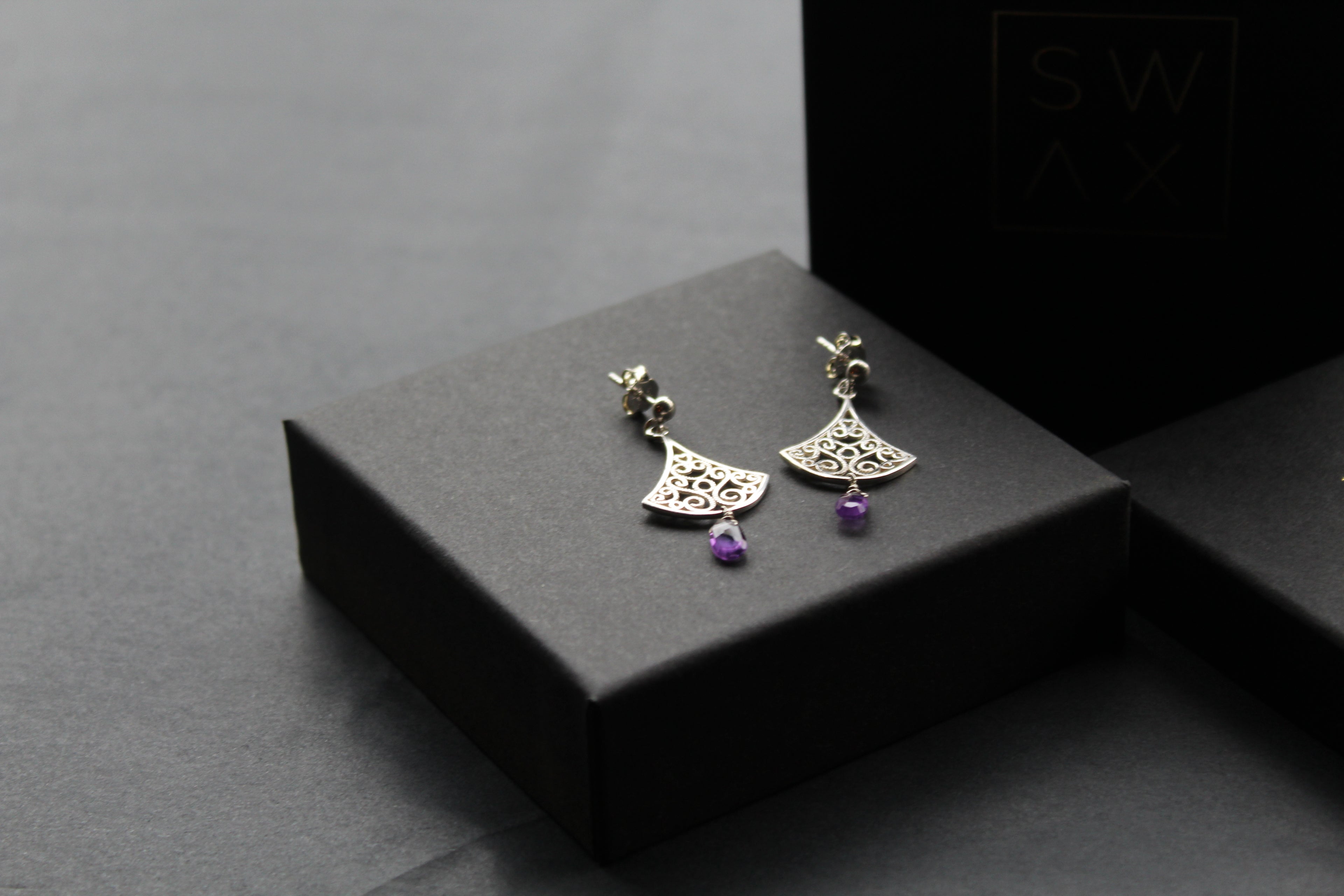 Silver Filigree Drop Stud Earrings with Faceted Purple Amethyst