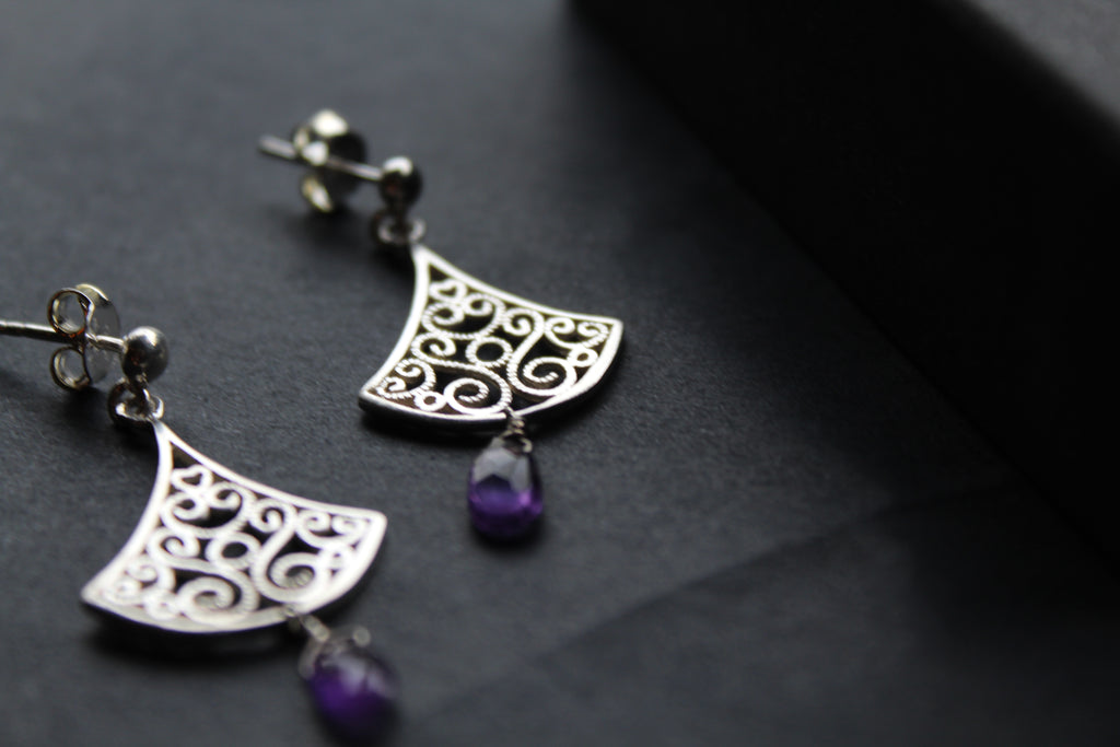 Silver Filigree Drop Stud Earrings with Faceted Purple Amethyst