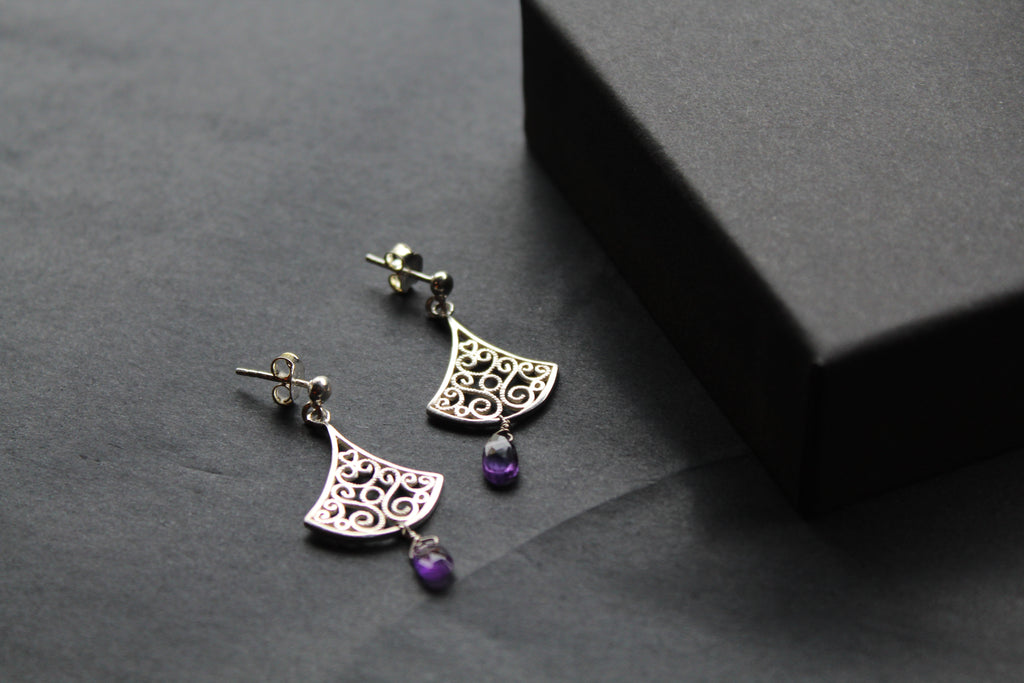 Silver Filigree Drop Stud Earrings with Faceted Purple Amethyst
