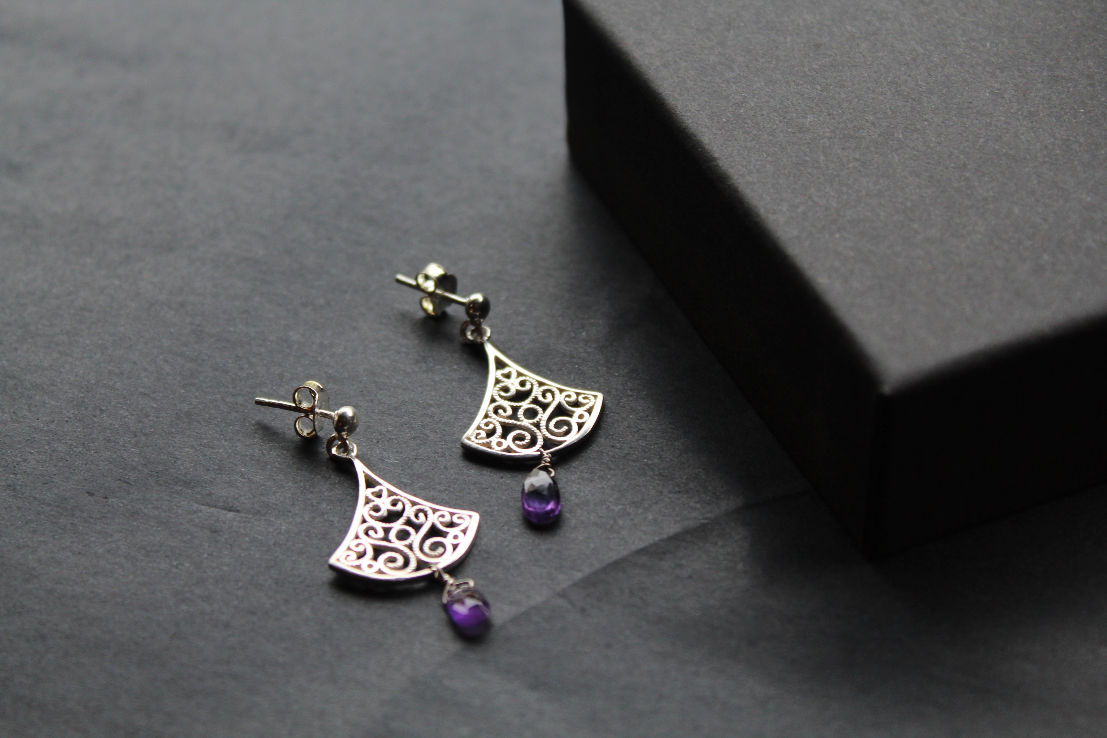 Silver Filigree Drop Stud Earrings with Faceted Purple Amethyst