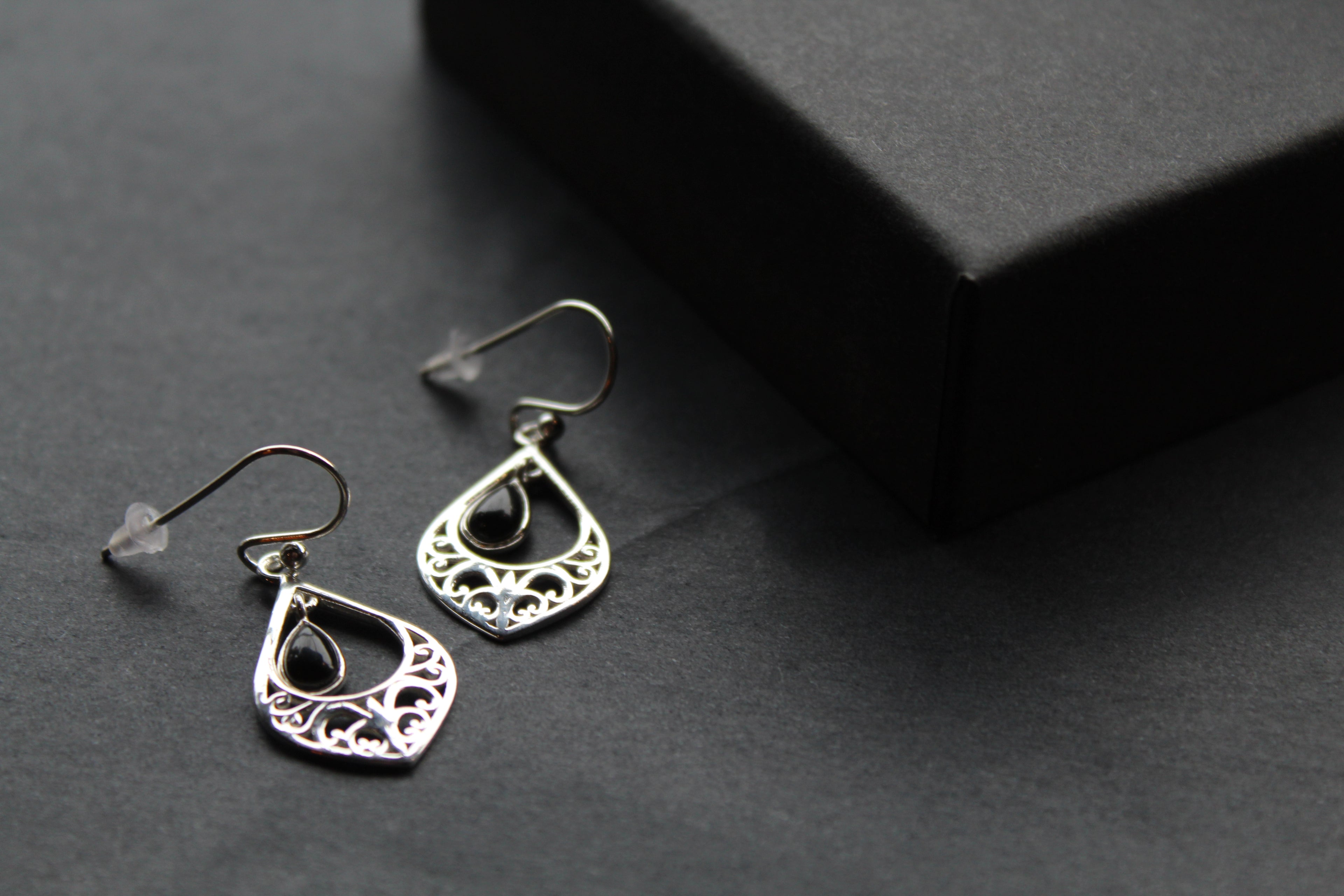 Silver Filigree Teardrop Earrings with Black Onyx Stone