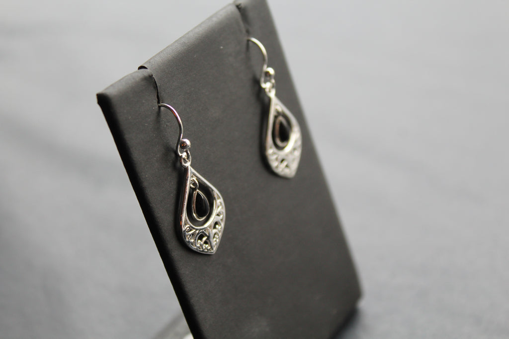 Silver Filigree Teardrop Earrings with Black Onyx Stone