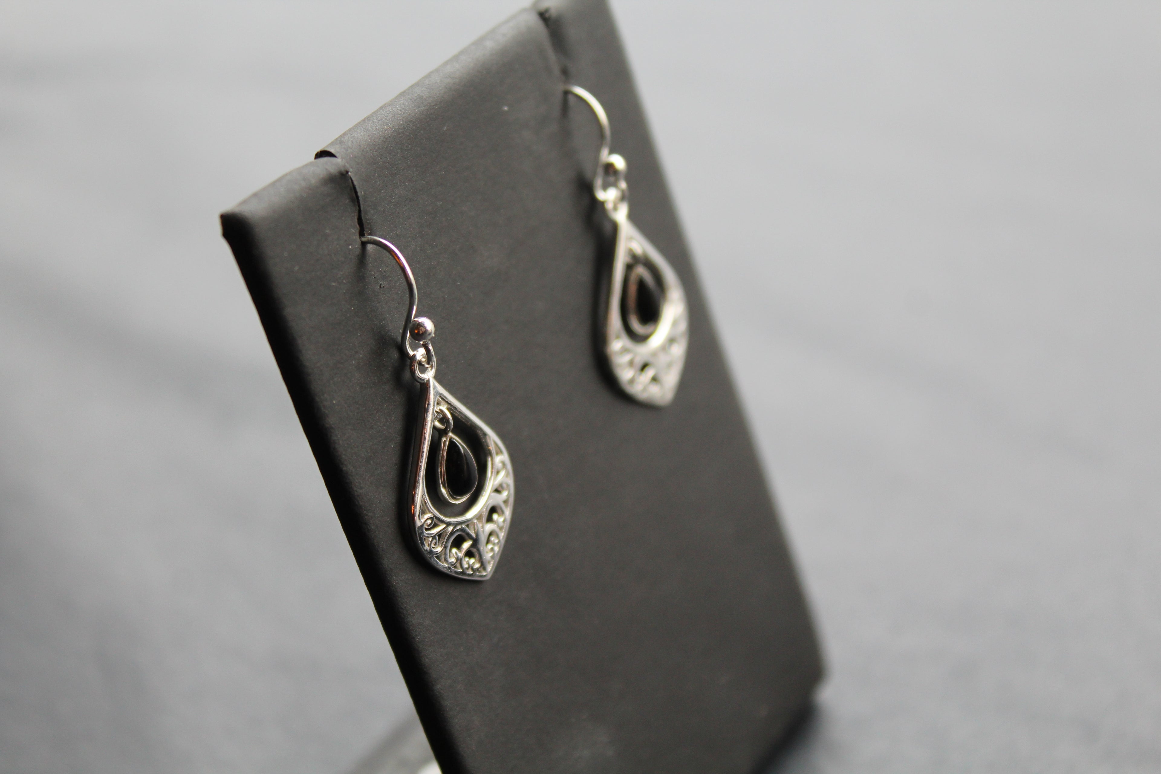 Silver Filigree Teardrop Earrings with Black Onyx Stone