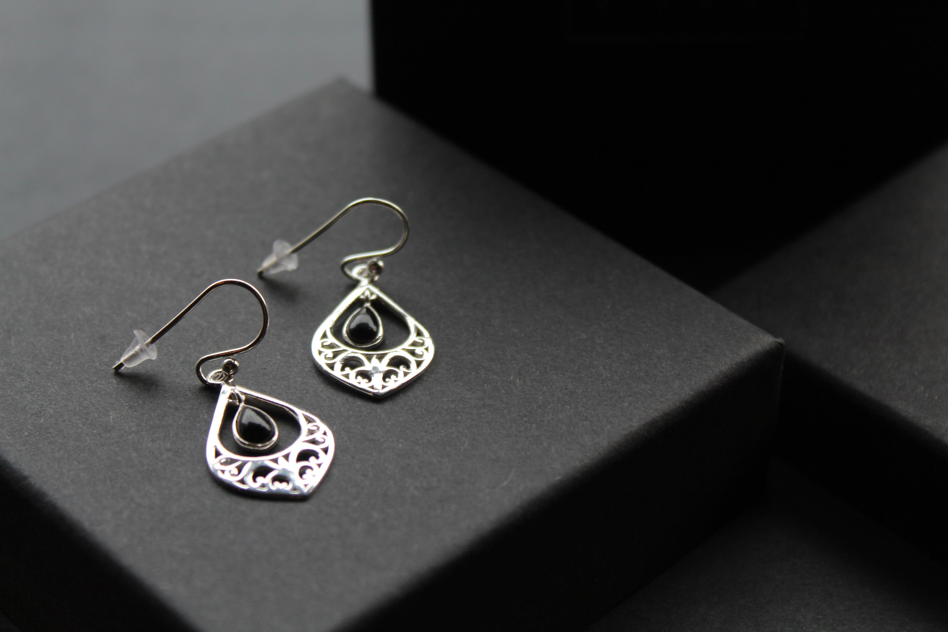 Silver Filigree Teardrop Earrings with Black Onyx Stone