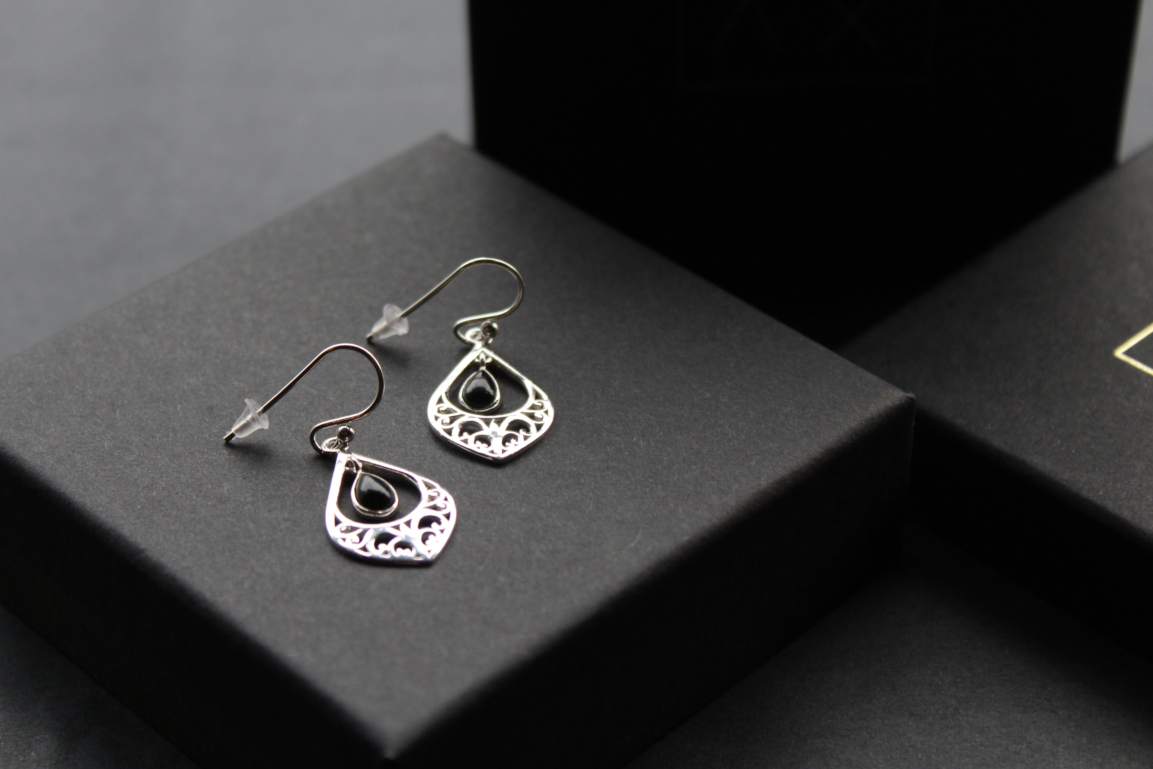 Silver Filigree Teardrop Earrings with Black Onyx Stone
