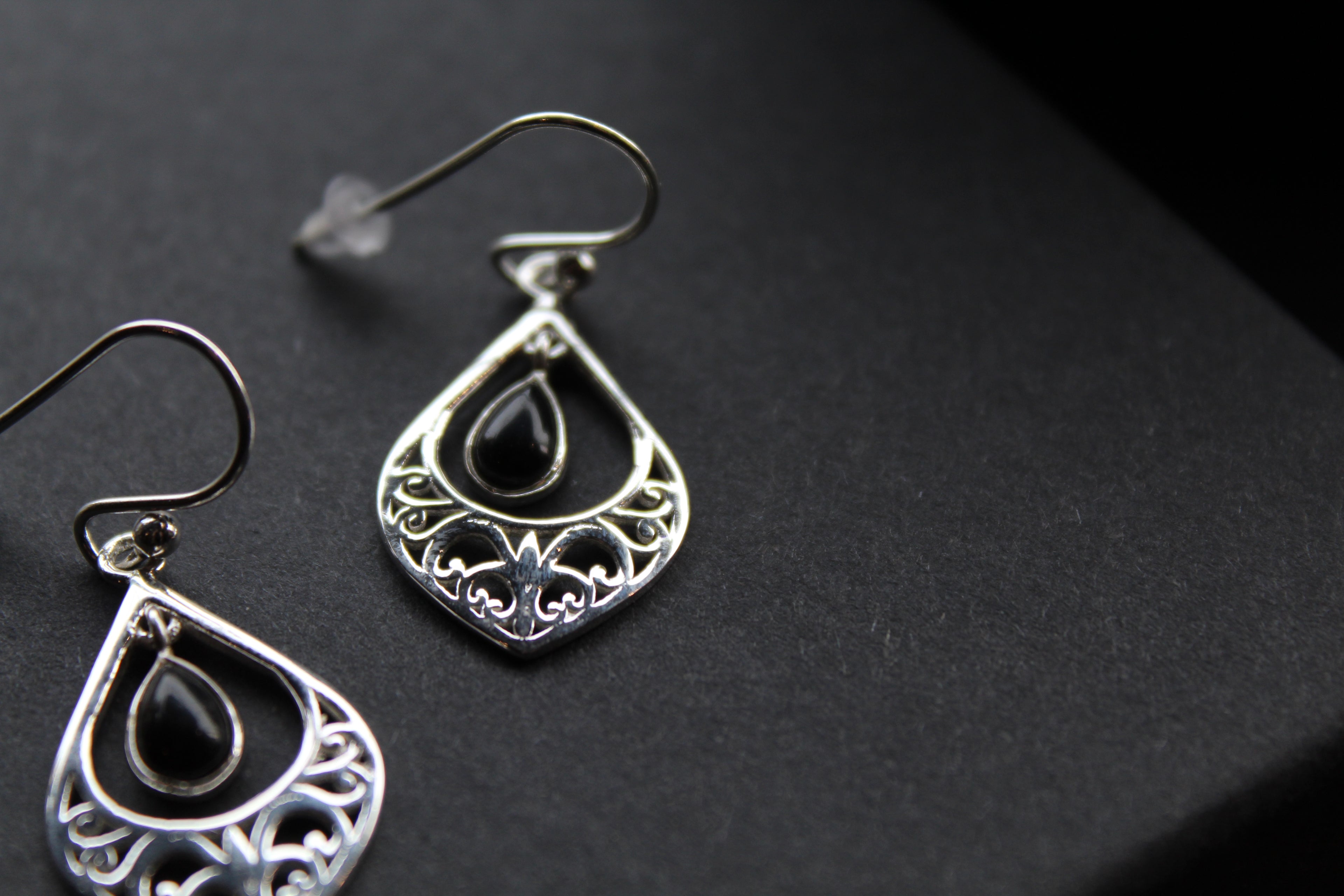 Silver Filigree Teardrop Earrings with Black Onyx Stone