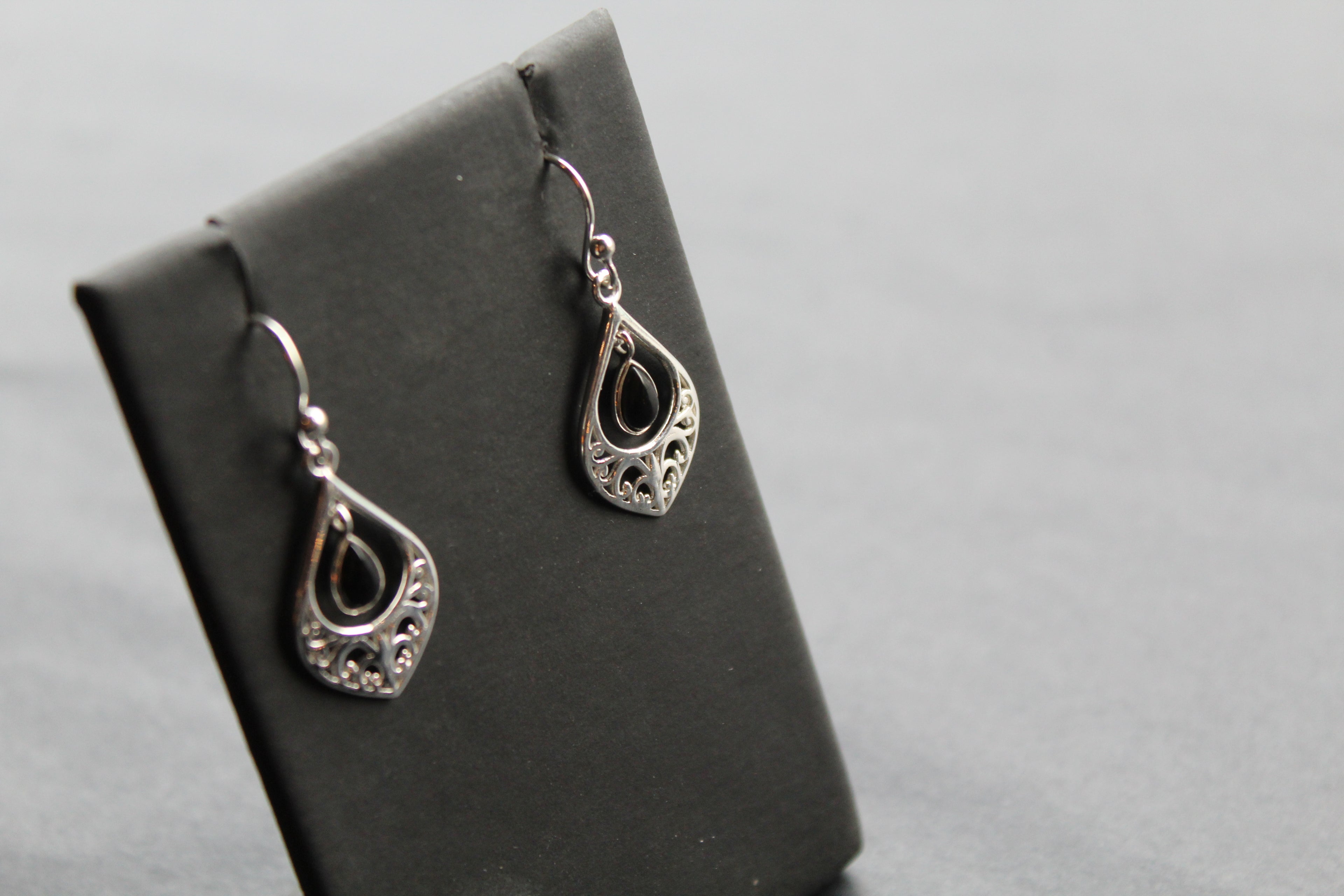 Silver Filigree Teardrop Earrings with Black Onyx Stone