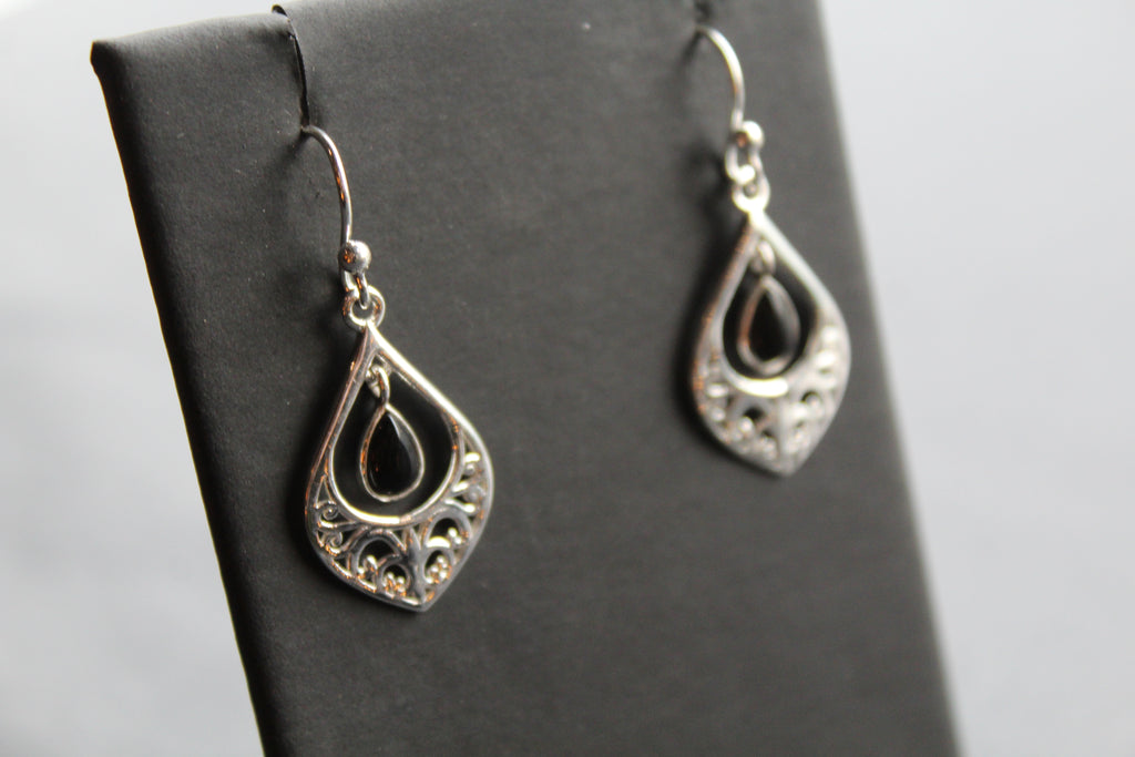 Silver Filigree Teardrop Earrings with Black Onyx Stone
