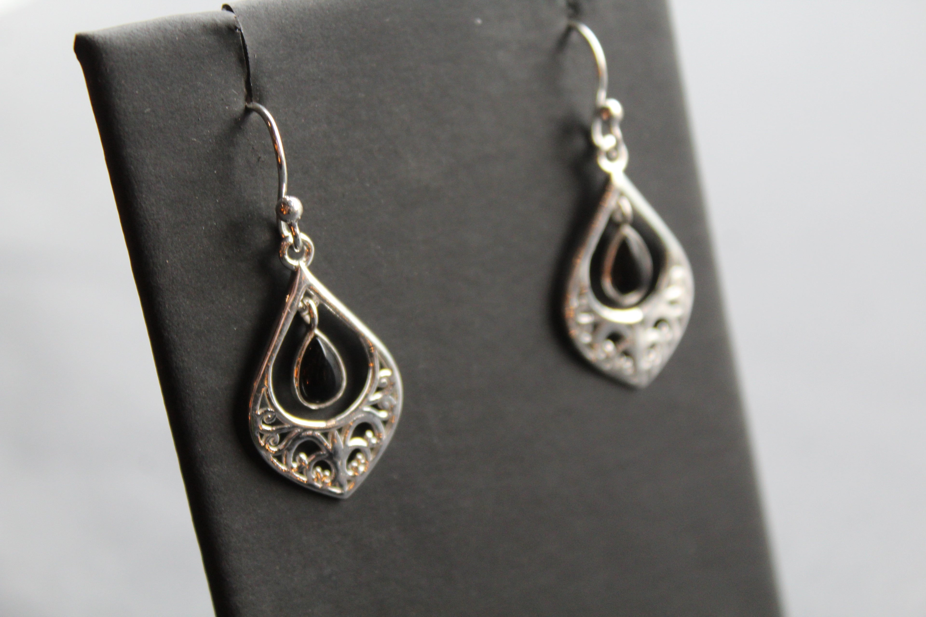 Silver Filigree Teardrop Earrings with Black Onyx Stone