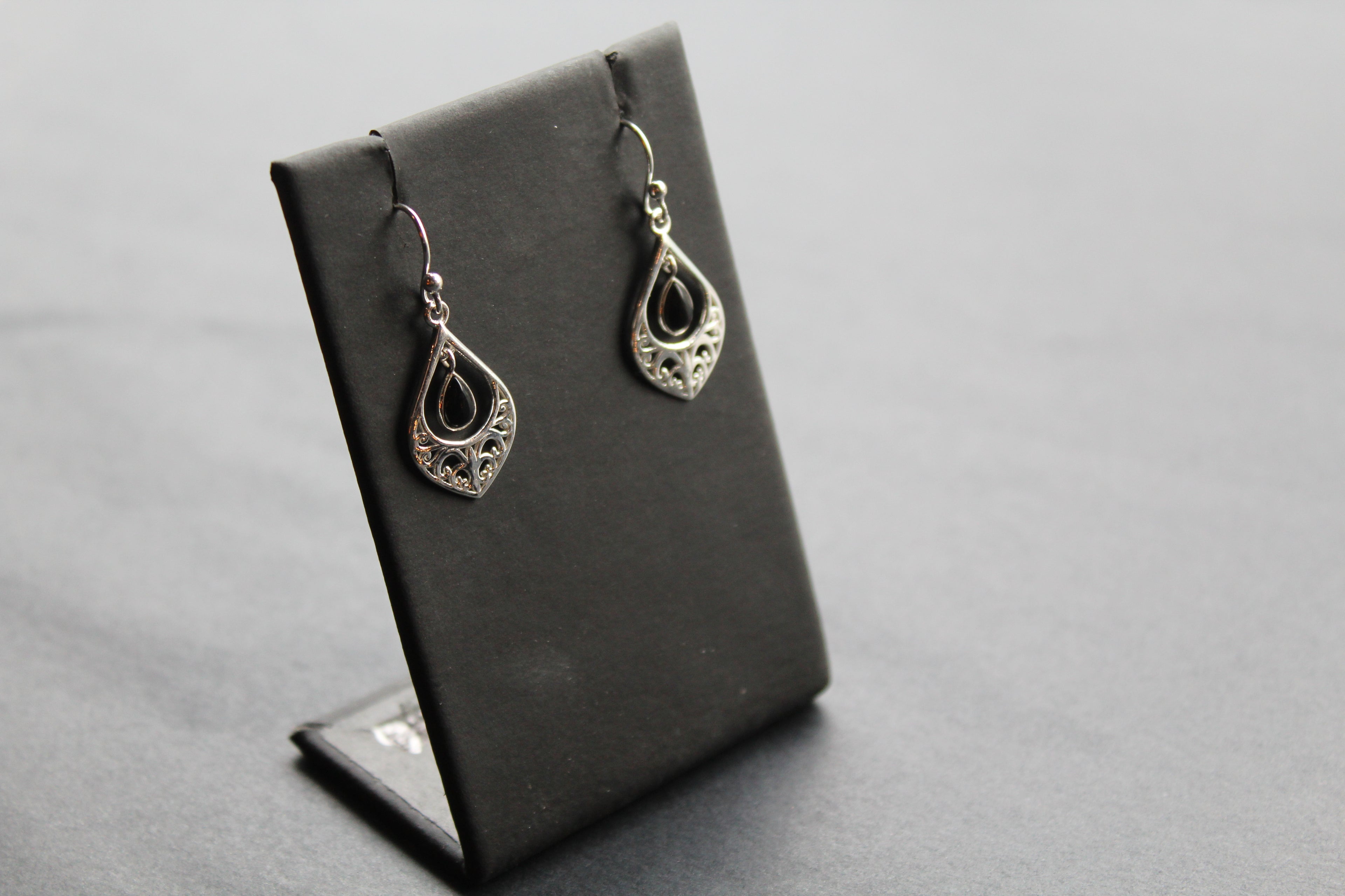 Silver Filigree Teardrop Earrings with Black Onyx Stone