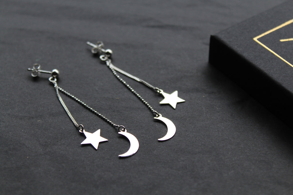 Silver Sun & Moon Drop Earrings