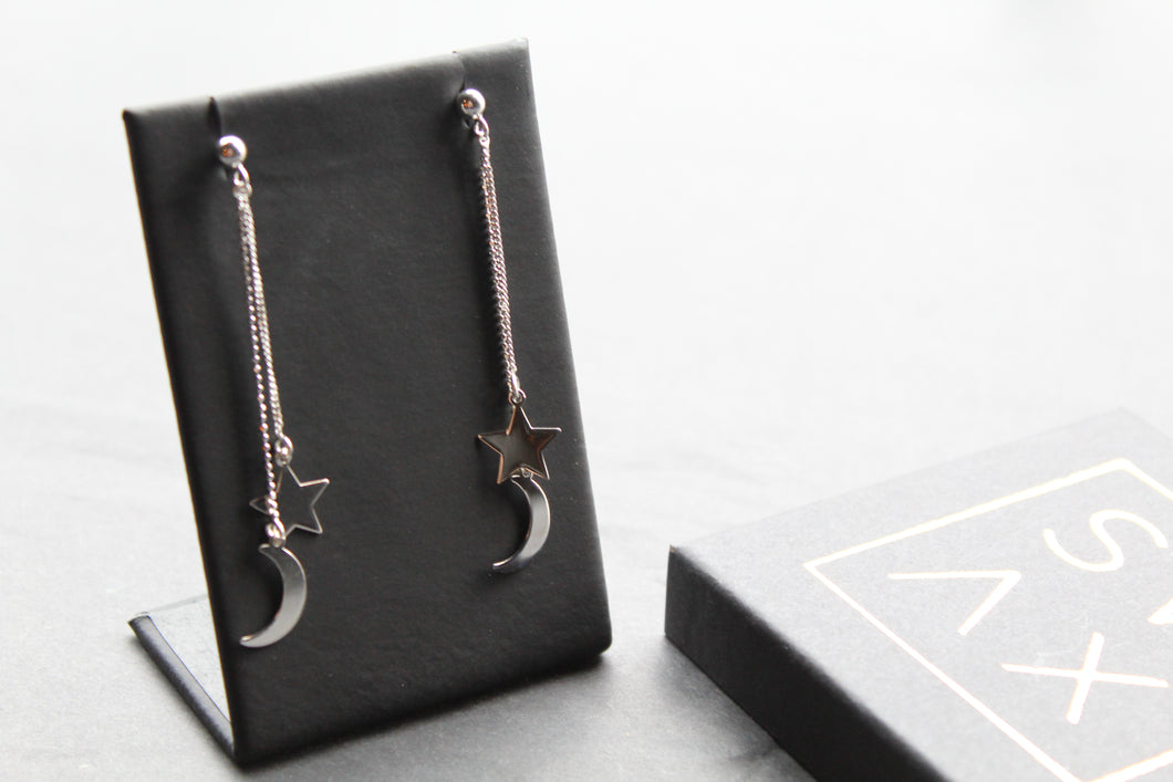 Silver Sun & Moon Drop Earrings