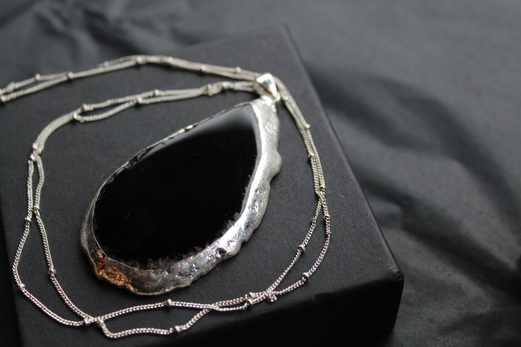 Black Agate Crystal Long Length Necklace