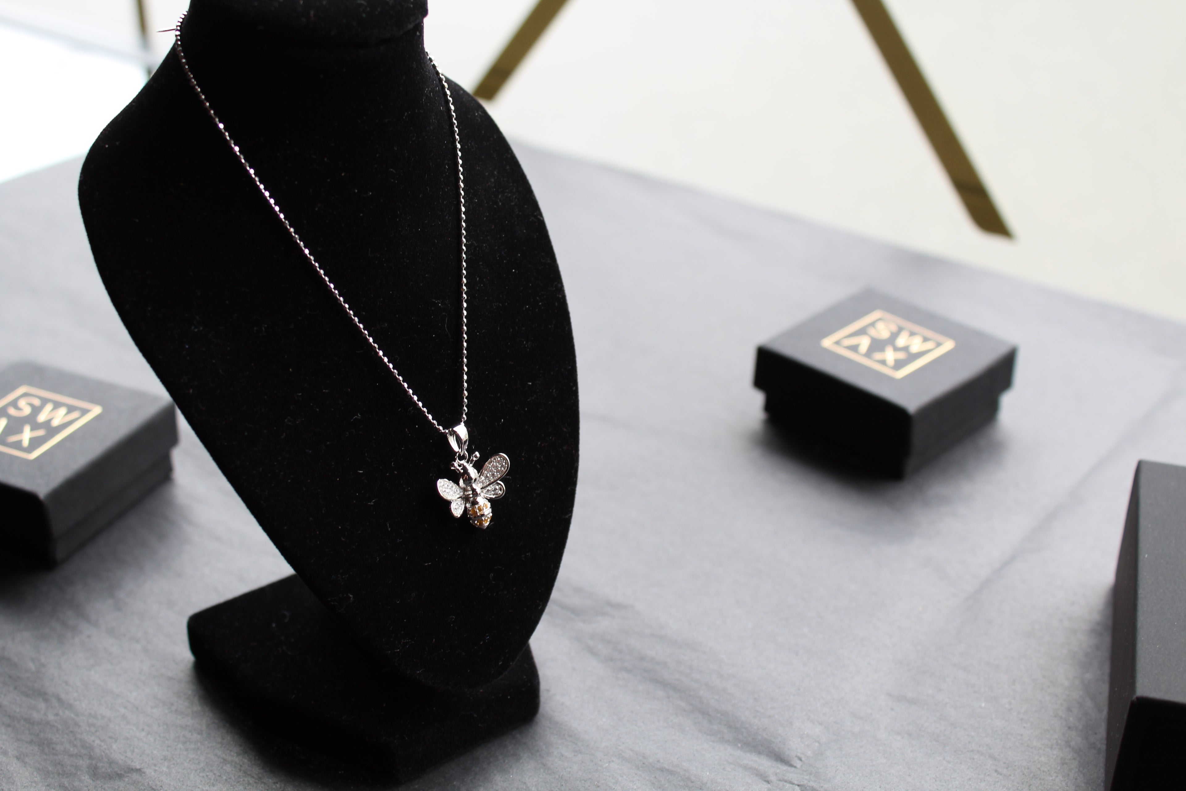 Silver & Cubic Zirconia Yellow Honey Bee Pendant with Silver Chain