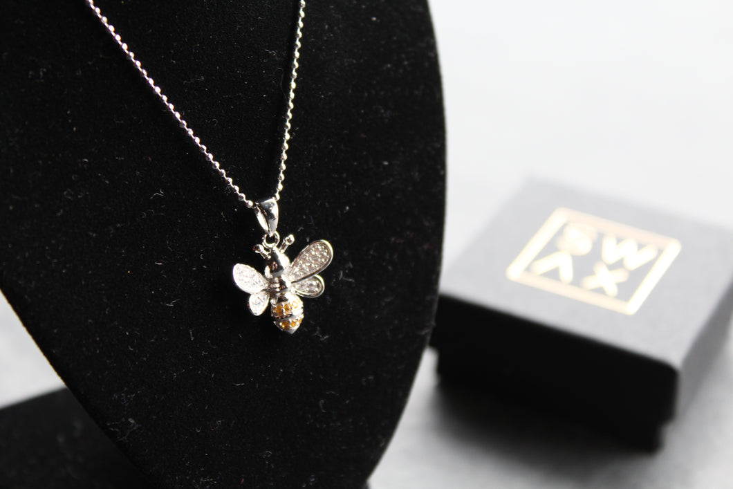 Silver & Cubic Zirconia Yellow Honey Bee Pendant with Silver Chain